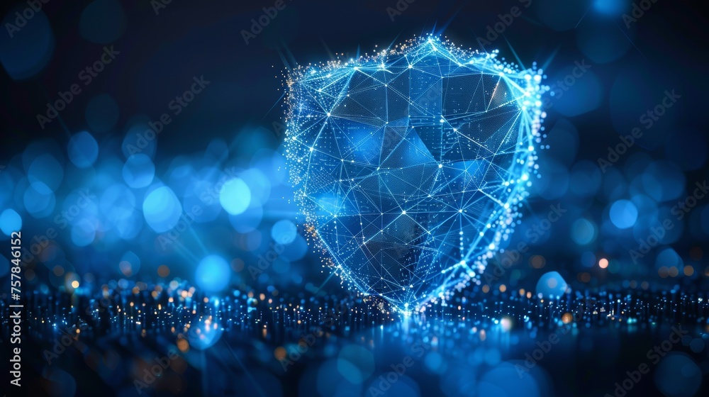 Poster a shield in low poly wireframe style is connected to a geometric silhouette, suggesting protection a