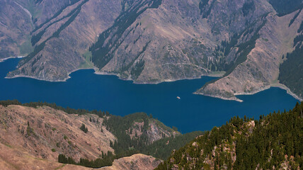 Fototapeta na wymiar High angle view of Heaven Lake, Tianchi Geopark, Tianshan Mountains, Xinjiang China.