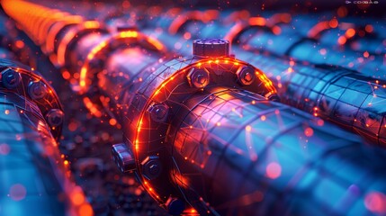 Graphite illustration of a gas pipeline with globe valves. Design layout for an energy industry mesh site.