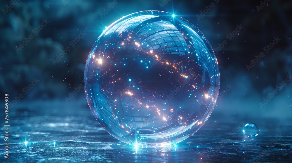 Poster futuristic bubble shield graphic illustration on a blue background. a geometric dome in the form of 