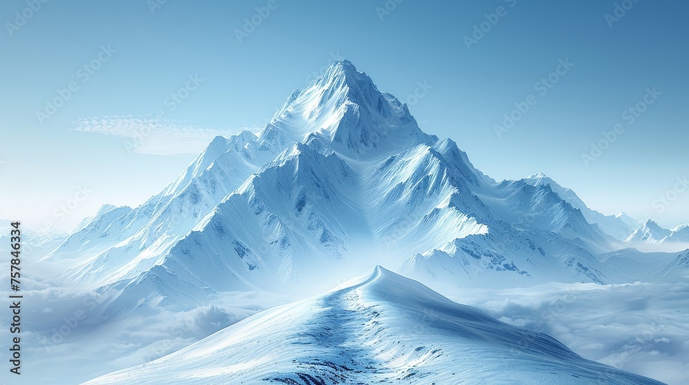 Poster a digital illustration of a path to the top of the mountain in a futuristic style on a blue backgrou