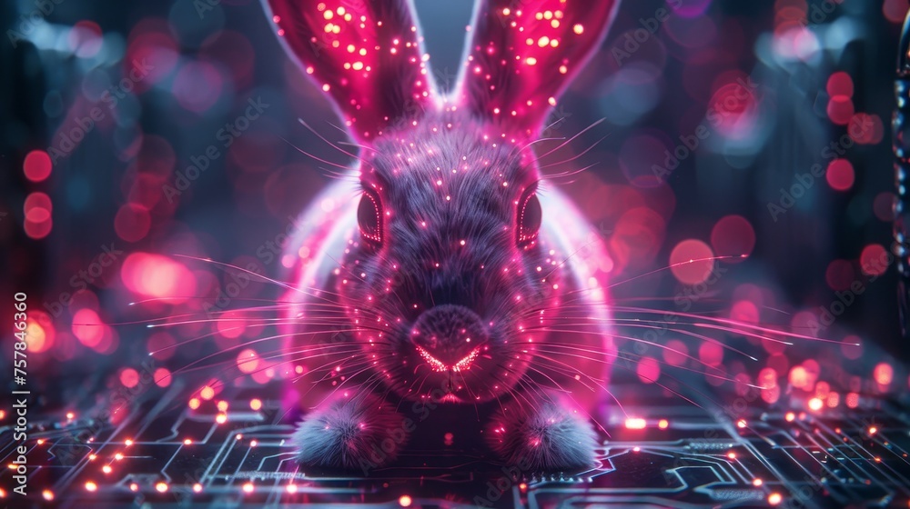 Poster Greeting card for Easter with neon bunnies in a futuristic style. Illustration of computer board pattern on 3D model of hare ears.