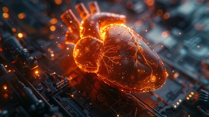 Digital heart with board texture, postcard representing charity and technology.