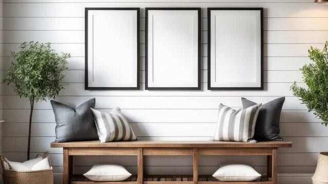 3D rendering. Rustic wooden bench with cushions on the wall with two poster frames. Interior design of a rustic farmhouse from the entrance of a modern house.
