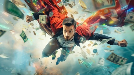 A high-energy photo of businessman concept of financial success with a corporate figure zooming through a storm of money.