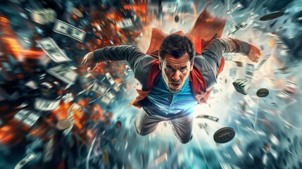 A high-energy photo illustrating the concept of financial success with a corporate figure zooming through a storm of money. - obrazy, fototapety, plakaty