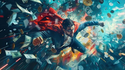  An action-packed scene showing a man in a business suit soaring with superhero speed amongst a flurry of financial currency.