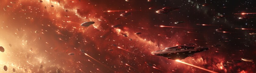 A majestic space fleet in formation amidst a cosmic storm of meteor showers - obrazy, fototapety, plakaty