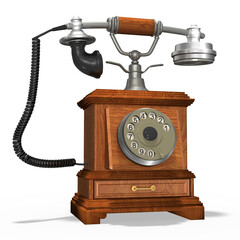 3d nostalgisches, altes Telefon in Holzoptik mit Sprechmuschel und Wählscheibe mit transparenten Hintergrund, freigestellt - 757846703