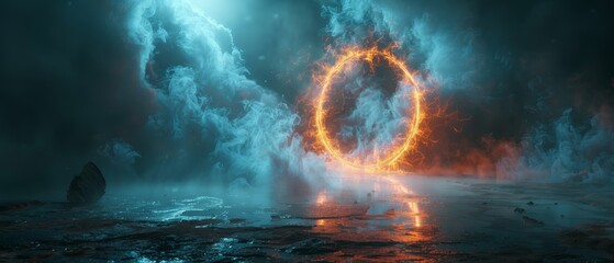 The futuristic scene displays futuristic smoke, a neon geometric circle against a dark background, and a round mystical portal.
