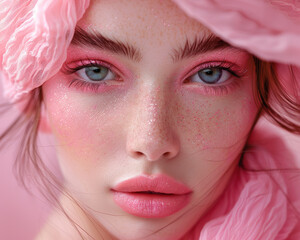 Makeup a beautiful girl surrounded by abstract makeup products in pastel and pink colors against a clean pink background