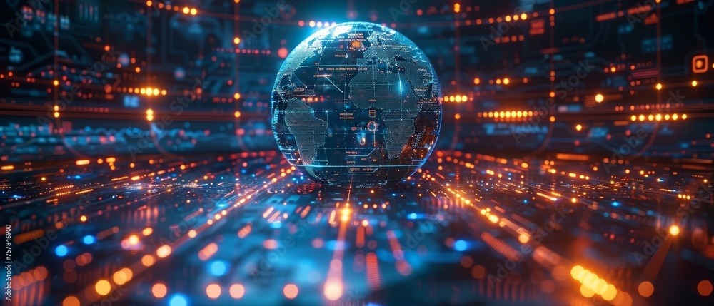 Aufkleber Earth globe consisting of light dots on a dark background. Earth day concept illustration. 3D sci-fi interface of world map hanging over dashboard. Holographic globe in the style of a technical