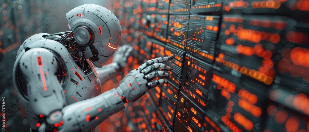 Poster Hand robot pointing at candlestick graph on screen of phone. Artificial intelligence trader. Artificial neural network in online trading app.