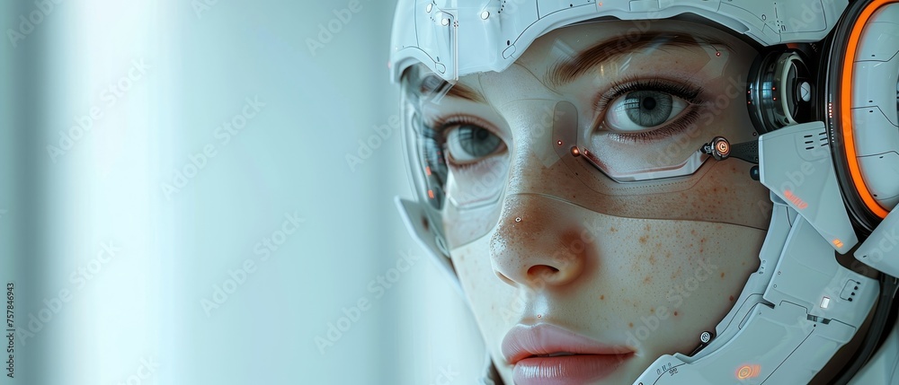 Poster Avatar robot woman chatbot. Circle icon of face of artificial intelligence in image of humanoid female cyborg. Chatbot logo with headset.