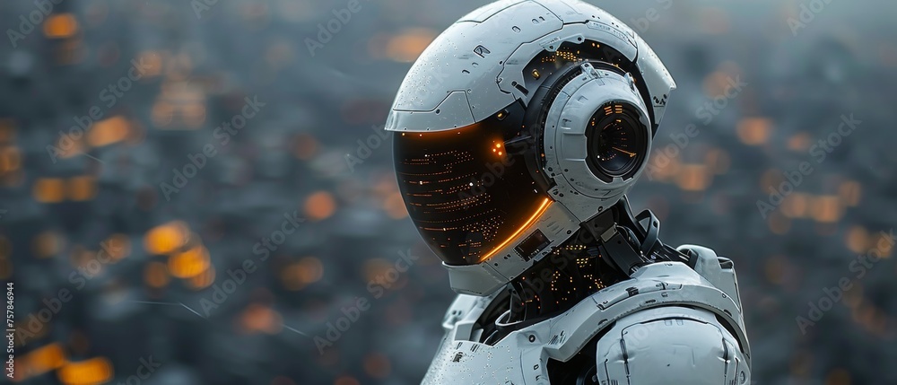 Poster AI for automated trading on the stock market. AI develops trading strategies on the stock exchange. Neural network is used to analyze financial charts. Robot or cyborg analyzing financial charts.