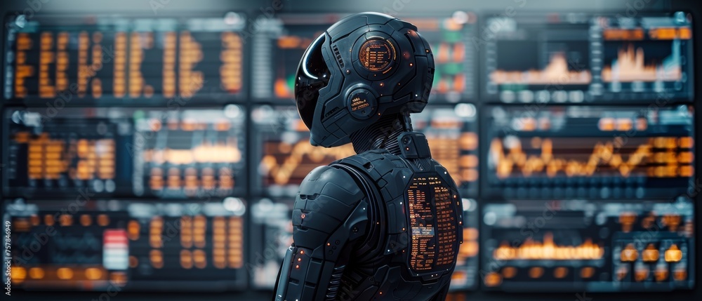 Poster Artificial intelligence is used by robot traders to automate trading on stock exchanges. Neural networks are used in image robots or cyborg women to analyze financial charts.