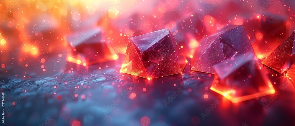 Aufkleber An abstract futuristic technology background with 3D objects in space and neon glowing geometric shapes. This banner is in a modern, abstract style.