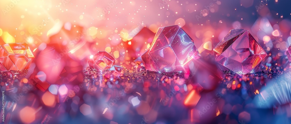 Aufkleber Modern abstract technology background with neon glowing geometric shapes floating in space. 3D technology banner with futuristic elements.