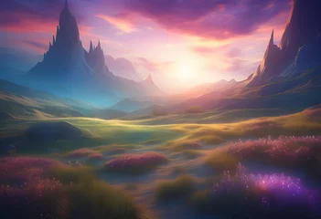 Gordijnen Low Fantasy Landscape, Landscape, Low Fantasy, Fictional, Dreamlike, Imaginary, Magical, Enchanted, Unreal, Mythical, Surreal, Wonderland, Fairy Tale, Adventure, AI Generated © Say it with silence.