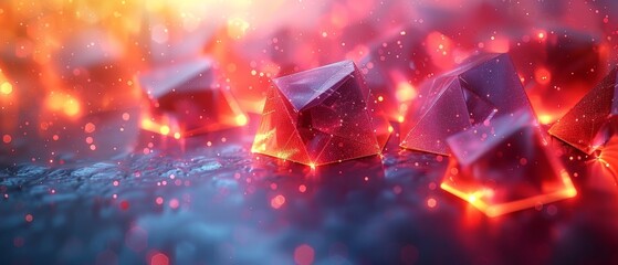 An abstract futuristic technology background with 3D objects in space and neon glowing geometric shapes. This banner is in a modern, abstract style.