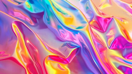 A holographic rainbow gradient with latex textures creates a mesmerizing visual effect