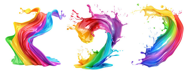 Set of Rainbow wave paints. Colorful paint splashing. Isolated on the transparent background