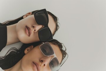 Naklejka premium Two pretty women in dark sunglasses lie on a white background posing for a photo shoot, and the fashion shoot features close-up shots, eyewear models, and eyewear commercials