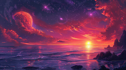 8-bit styled illustration featuring a purple sky with planets and galaxies, reflecting in a purple sea."
