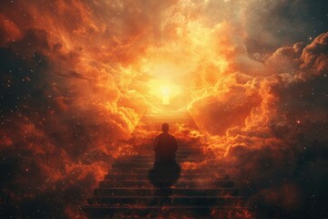 A man is walking up a set of stairs in a fiery sky