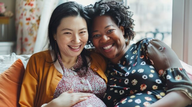 A close-up depicts a pregnant woman smiling happily next to her partner