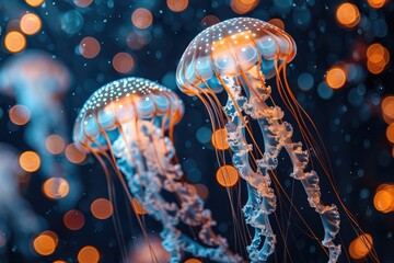 The marine jellyfish glows with luminescent against of the dark sea professional photography - obrazy, fototapety, plakaty