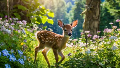The innocence of a baby deer exploring a forest clearing for the first time, surrounded by sunlight and lush greenery