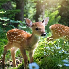 The innocence of a baby deer exploring a forest clearing for the first time, surrounded by sunlight and lush greenery