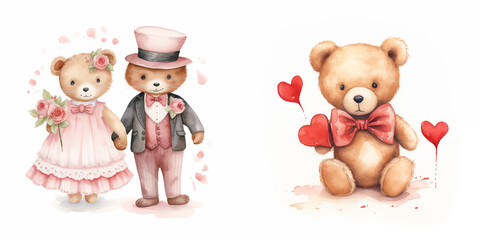 Watercolor bears couple clipart with balloons and heart
