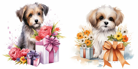 Watercolor dogs clipart with gift and flowers
