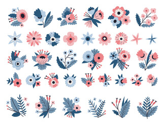 Beautiful spring romantic flowers collection with leaves, flower bouquets, flower arrangements. Collection for the spring holiday. Icons isolated on white background. Red, pink, blue color