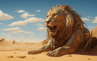 Future statue of a lion on the desert.