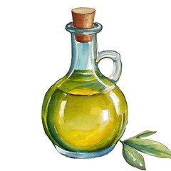 Olive oil in glass bottle. Hand drawn illustration cut out