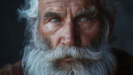 Intense gaze of a man with a white beard exuding raw character.
