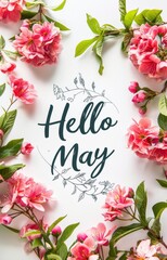 Abstract background with watercolor colorful splashes and flowers. Hello May handwritten modern calligraphy lettering. Spring concept background.