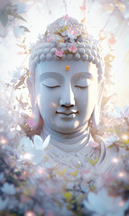 Buddha sculpture and lotus flower.