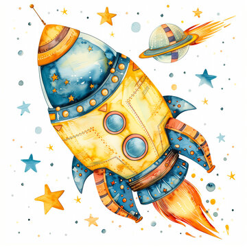 Spaceship, watercolor illustration, children's theme, cosmonautics day.