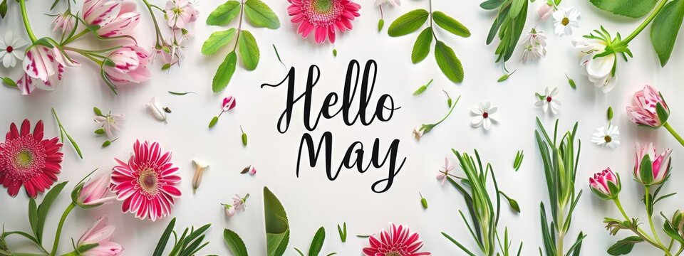 Abstract background with watercolor colorful splashes and flowers. Hello May handwritten modern calligraphy lettering. Spring concept background.
