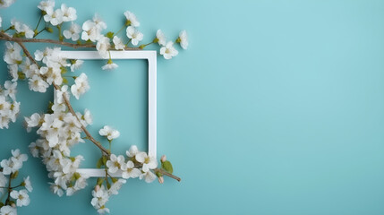 Beautiful cherry blossom in blue background with copy space. Aesthetic frame flower.