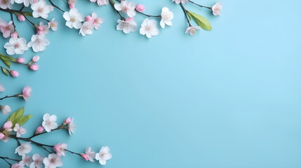 Beautiful cherry blossom in blue background with copy space. Aesthetic frame flower.