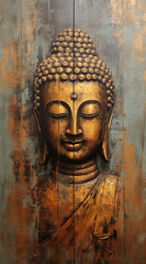 Buddha oil painting on wooden background.