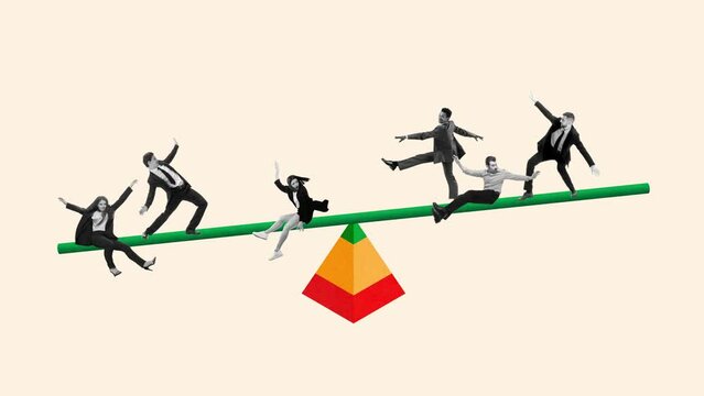 People balancing on seesaw, representing teamwork and balance, coordinated helpful teamwork. Stop motion, animation. Concept of business, teamwork, motivation, cooperation