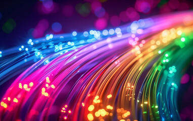 Obraz premium Colorful neon fiber optics network cable on technology background