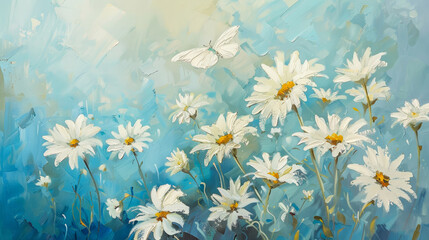 Vibrant oil painting of white daisies on a textured blue background, highlighting nature and artistry © Radomir Jovanovic