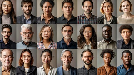 Collage of individual portraits showcasing a diverse range of ages, ethnicities, and expressions